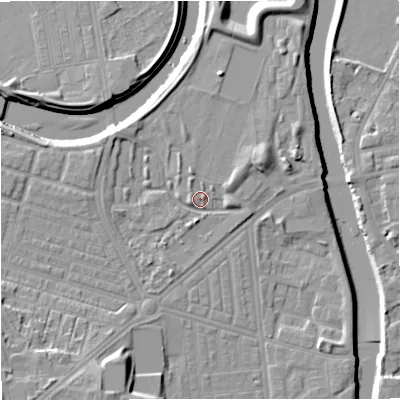 Shaded relief map of the ground around M66ND, computed from Environment Agency LiDAR. The ground here sits at about 31 m above sea level and falls 13 m across the surrounding 800 m. Surface water reaching this point runs off ground lying to the west-north-west, 3.2 m higher.