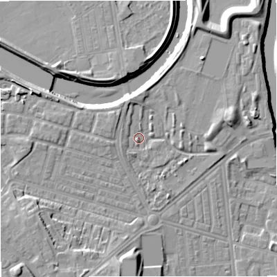 Shaded relief map of the ground around M66NG, computed from Environment Agency LiDAR. The ground here sits at about 31 m above sea level and falls 14 m across the surrounding 800 m. Surface water reaching this point runs off ground lying to the north-north-west, 2.6 m higher.