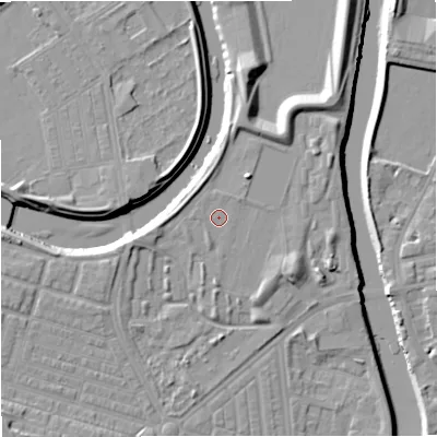 Shaded relief map of the ground around M66NJ, computed from Environment Agency LiDAR. The ground here sits at about 31 m above sea level and falls 11 m across the surrounding 800 m. Surface water reaching this point runs off ground lying to the south-south-west, 0.8 m higher.