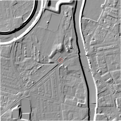 Shaded relief map of the ground around M66NP, computed from Environment Agency LiDAR. The ground here sits at about 30 m above sea level and falls 13 m across the surrounding 800 m. Surface water reaching this point runs off ground lying to the south-west, 6.9 m higher.