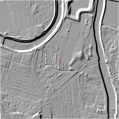 Shaded relief map of the ground around M66NQ, computed from Environment Agency LiDAR. The ground here sits at about 32 m above sea level and falls 13 m across the surrounding 800 m. Surface water reaching this point runs off ground lying to the south, 1.5 m higher.