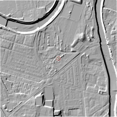 Shaded relief map of the ground around M66QB, computed from Environment Agency LiDAR. The ground here sits at about 31 m above sea level and falls 14 m across the surrounding 800 m. Surface water reaching this point runs off ground lying to the north-west, 2.6 m higher.
