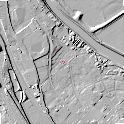 Shaded relief map of the ground around M66RG, computed from Environment Agency LiDAR. The ground here sits at about 34 m above sea level and falls 21 m across the surrounding 800 m. Surface water reaching this point runs off ground lying to the west, 3.5 m higher.