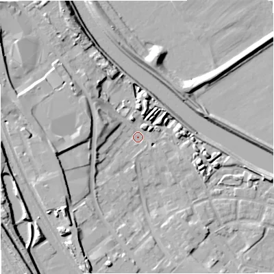 Shaded relief map of the ground around M66RS, computed from Environment Agency LiDAR. The ground here sits at about 33 m above sea level and falls 20 m across the surrounding 800 m. Surface water reaching this point runs off ground lying to the west-north-west, 5.1 m higher.