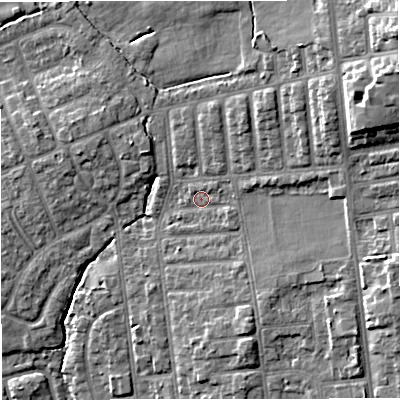 Shaded relief map of the ground around M68FD, computed from Environment Agency LiDAR. The ground here sits at about 38 m above sea level and falls 20 m across the surrounding 800 m. Surface water reaching this point runs off ground lying to the east, 4.5 m higher.