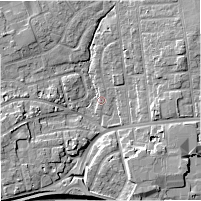 Shaded relief map of the ground around M68JG, computed from Environment Agency LiDAR. The ground here sits at about 34 m above sea level and falls 13 m across the surrounding 800 m. Surface water reaching this point runs off ground lying to the south-south-west, 7.1 m higher.
