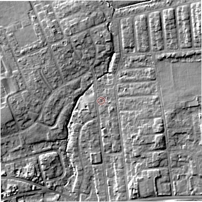 Shaded relief map of the ground around M68JR, computed from Environment Agency LiDAR. The ground here sits at about 38 m above sea level and falls 14 m across the surrounding 800 m. Surface water reaching this point runs off ground lying to the south-east, 1.4 m higher.