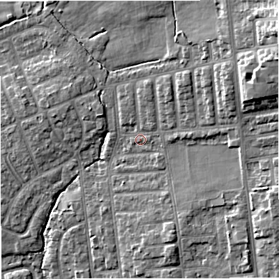 Shaded relief map of the ground around M68LE, computed from Environment Agency LiDAR. The ground here sits at about 39 m above sea level and falls 20 m across the surrounding 800 m. Surface water reaching this point runs off ground lying to the north-east, 6.9 m higher.