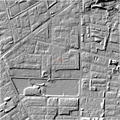 Shaded relief map of the ground around M71AA, computed from Environment Agency LiDAR. The ground here sits at about 28 m above sea level and falls 14 m across the surrounding 800 m. Surface water reaching this point runs off ground lying to the east-north-east, 0.6 m higher.