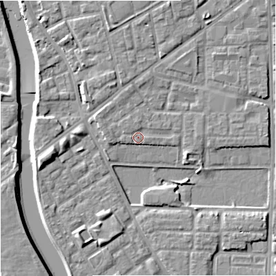 Shaded relief map of the ground around M71AD, computed from Environment Agency LiDAR. The ground here sits at about 28 m above sea level and falls 8 m across the surrounding 800 m. Surface water reaching this point runs off ground lying to the north-north-west, 1.0 m higher.