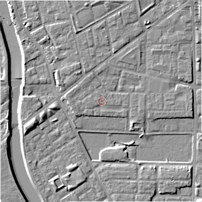 Shaded relief map of the ground around M71AE, computed from Environment Agency LiDAR. The ground here sits at about 28 m above sea level and falls 8 m across the surrounding 800 m. Surface water reaching this point runs off ground lying to the west, 1.0 m higher.