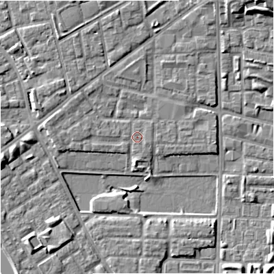 Shaded relief map of the ground around M71AG, computed from Environment Agency LiDAR. The ground here sits at about 28 m above sea level and falls 10 m across the surrounding 800 m. Surface water reaching this point runs off ground lying to the west-north-west, 2.0 m higher.