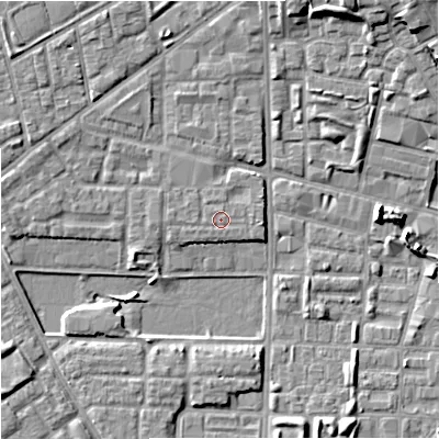 Shaded relief map of the ground around M71AH, computed from Environment Agency LiDAR. The ground here sits at about 28 m above sea level and falls 10 m across the surrounding 800 m. Surface water reaching this point runs off ground lying to the north-north-west, 0.6 m higher.