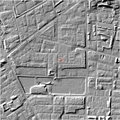 Shaded relief map of the ground around M71AJ, computed from Environment Agency LiDAR. The ground here sits at about 28 m above sea level and falls 11 m across the surrounding 800 m. Surface water reaching this point runs off ground lying to the south-west, 0.5 m higher.