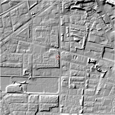Shaded relief map of the ground around M71AL, computed from Environment Agency LiDAR. The ground here sits at about 28 m above sea level and falls 17 m across the surrounding 800 m. Surface water reaching this point runs off ground lying to the north, 5.7 m higher.