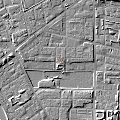 Shaded relief map of the ground around M71AN, computed from Environment Agency LiDAR. The ground here sits at about 28 m above sea level and falls 8 m across the surrounding 800 m. The ground contributing surface water to this point lies to the north-east.