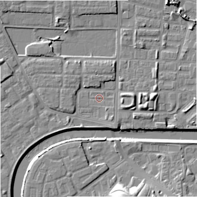 Shaded relief map of the ground around M71AQ, computed from Environment Agency LiDAR. The ground here sits at about 27 m above sea level and falls 15 m across the surrounding 800 m. Surface water reaching this point runs off ground lying to the south-south-east, 1.8 m higher.