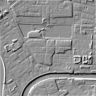 Shaded relief map of the ground around M71AR, computed from Environment Agency LiDAR. The ground here sits at about 28 m above sea level and falls 8 m across the surrounding 800 m. Surface water reaching this point runs off ground lying to the west-south-west, 0.8 m higher.