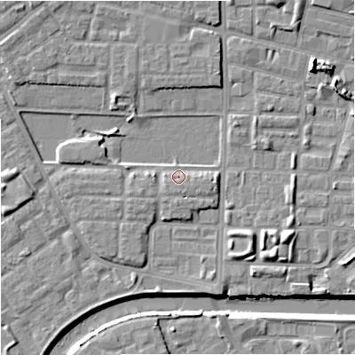 Shaded relief map of the ground around M71AU, computed from Environment Agency LiDAR. The ground here sits at about 28 m above sea level and falls 9 m across the surrounding 800 m. Surface water reaching this point runs off ground lying to the south-south-east, 1.9 m higher.