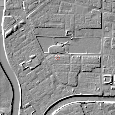 Shaded relief map of the ground around M71AW, computed from Environment Agency LiDAR. The ground here sits at about 28 m above sea level and falls 10 m across the surrounding 800 m. Surface water reaching this point runs off ground lying to the west-south-west, 1.5 m higher.