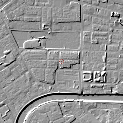 Shaded relief map of the ground around M71AX, computed from Environment Agency LiDAR. The ground here sits at about 28 m above sea level and falls 9 m across the surrounding 800 m. Surface water reaching this point runs off ground lying to the east, 1.3 m higher.