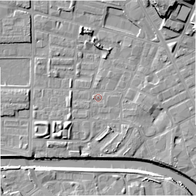 Shaded relief map of the ground around M71AY, computed from Environment Agency LiDAR. The ground here sits at about 27 m above sea level and falls 20 m across the surrounding 800 m. Surface water reaching this point runs off ground lying to the south-west, 5.3 m higher.