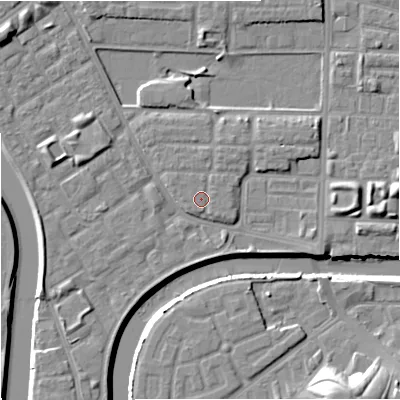 Shaded relief map of the ground around M71AZ, computed from Environment Agency LiDAR. The ground here sits at about 28 m above sea level and falls 15 m across the surrounding 800 m. Surface water reaching this point runs off ground lying to the north-north-east, 0.9 m higher.