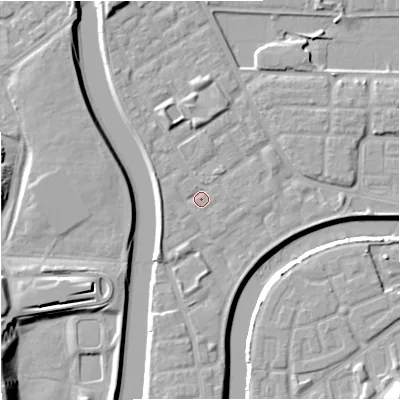Shaded relief map of the ground around M71BA, computed from Environment Agency LiDAR. The ground here sits at about 28 m above sea level and falls 13 m across the surrounding 800 m. Surface water reaching this point runs off ground lying to the west, 0.8 m higher.