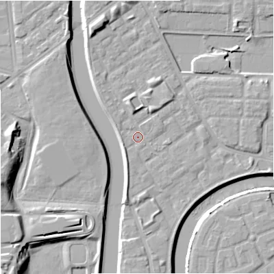 Shaded relief map of the ground around M71BB, computed from Environment Agency LiDAR. The ground here sits at about 28 m above sea level and falls 13 m across the surrounding 800 m. Surface water reaching this point runs off ground lying to the north-north-west, 2.8 m higher.