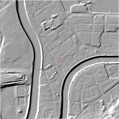 Shaded relief map of the ground around M71BD, computed from Environment Agency LiDAR. The ground here sits at about 28 m above sea level and falls 14 m across the surrounding 800 m. Surface water reaching this point runs off ground lying to the west-south-west, 1.8 m higher.