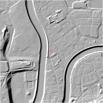 Shaded relief map of the ground around M71BE, computed from Environment Agency LiDAR. The ground here sits at about 28 m above sea level and falls 15 m across the surrounding 800 m. Surface water reaching this point runs off ground lying to the north-north-west, 1.6 m higher.