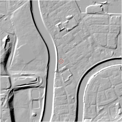 Shaded relief map of the ground around M71BF, computed from Environment Agency LiDAR. The ground here sits at about 28 m above sea level and falls 14 m across the surrounding 800 m. Surface water reaching this point runs off ground lying to the north, 0.6 m higher.