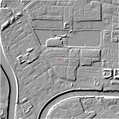 Shaded relief map of the ground around M71BG, computed from Environment Agency LiDAR. The ground here sits at about 28 m above sea level and falls 10 m across the surrounding 800 m. Surface water reaching this point runs off ground lying to the east-south-east, 0.8 m higher.