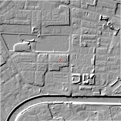 Shaded relief map of the ground around M71BH, computed from Environment Agency LiDAR. The ground here sits at about 28 m above sea level and falls 9 m across the surrounding 800 m. Surface water reaching this point runs off ground lying to the west-south-west, 0.9 m higher.