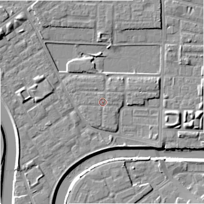 Shaded relief map of the ground around M71BL, computed from Environment Agency LiDAR. The ground here sits at about 28 m above sea level and falls 10 m across the surrounding 800 m. Surface water reaching this point runs off ground lying to the north-east, 0.8 m higher.