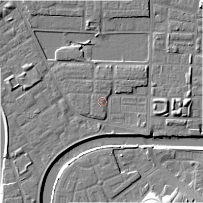 Shaded relief map of the ground around M71BN, computed from Environment Agency LiDAR. The ground here sits at about 28 m above sea level and falls 14 m across the surrounding 800 m. The ground contributing surface water to this point lies to the north-west.