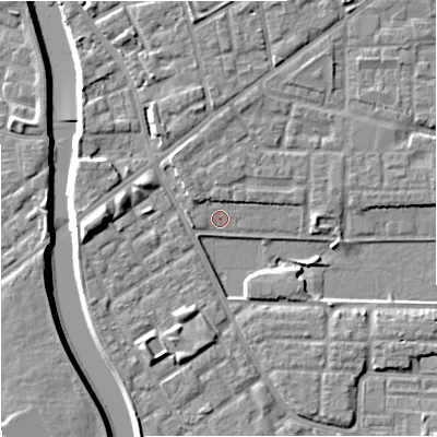 Shaded relief map of the ground around M71BP, computed from Environment Agency LiDAR. The ground here sits at about 27 m above sea level and falls 8 m across the surrounding 800 m. Surface water reaching this point runs off ground lying to the north-west, 2.4 m higher.