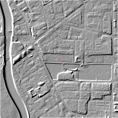Shaded relief map of the ground around M71BQ, computed from Environment Agency LiDAR. The ground here sits at about 27 m above sea level and falls 7 m across the surrounding 800 m. Surface water reaching this point runs off ground lying to the west-north-west, 2.5 m higher.