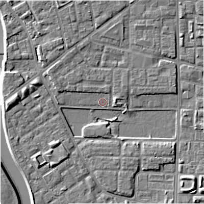 Shaded relief map of the ground around M71BR, computed from Environment Agency LiDAR. The ground here sits at about 27 m above sea level and falls 7 m across the surrounding 800 m. Surface water reaching this point runs off ground lying to the west-north-west, 2.7 m higher.