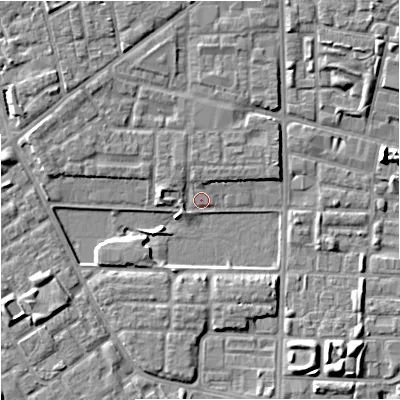 Shaded relief map of the ground around M71BS, computed from Environment Agency LiDAR. The ground here sits at about 27 m above sea level and falls 6 m across the surrounding 800 m. Surface water reaching this point runs off ground lying to the north-north-west, 2.1 m higher.