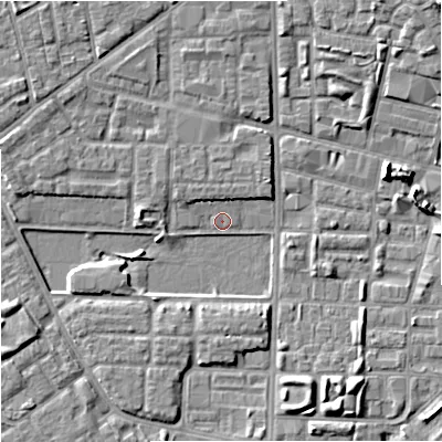 Shaded relief map of the ground around M71BT, computed from Environment Agency LiDAR. The ground here sits at about 26 m above sea level and falls 7 m across the surrounding 800 m. Surface water reaching this point runs off ground lying to the west-south-west, 4.6 m higher.
