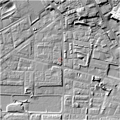 Shaded relief map of the ground around M71GQ, computed from Environment Agency LiDAR. The ground here sits at about 28 m above sea level and falls 18 m across the surrounding 800 m. Surface water reaching this point runs off ground lying to the north, 3.2 m higher.