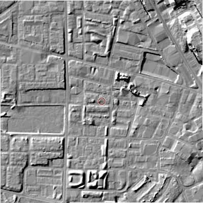 Shaded relief map of the ground around M71GY, computed from Environment Agency LiDAR. The ground here sits at about 26 m above sea level and falls 18 m across the surrounding 800 m. Surface water reaching this point runs off ground lying to the south-south-west, 2.3 m higher.