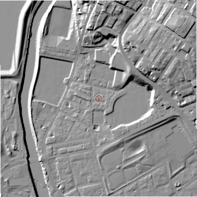 Shaded relief map of the ground around M71HW, computed from Environment Agency LiDAR. The ground here sits at about 30 m above sea level and falls 32 m across the surrounding 800 m. Surface water reaching this point runs off ground lying to the east-south-east, 1.0 m higher.