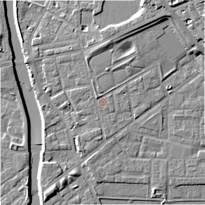 Shaded relief map of the ground around M71JA, computed from Environment Agency LiDAR. The ground here sits at about 30 m above sea level and falls 16 m across the surrounding 800 m. The ground contributing surface water to this point lies to the south-south-east.
