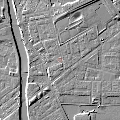 Shaded relief map of the ground around M71JF, computed from Environment Agency LiDAR. The ground here sits at about 29 m above sea level and falls 13 m across the surrounding 800 m. Surface water reaching this point runs off ground lying to the north, 1.8 m higher.