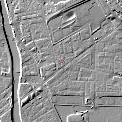 Shaded relief map of the ground around M71JR, computed from Environment Agency LiDAR. The ground here sits at about 29 m above sea level and falls 15 m across the surrounding 800 m. Surface water reaching this point runs off ground lying to the south-south-west, 0.6 m higher.