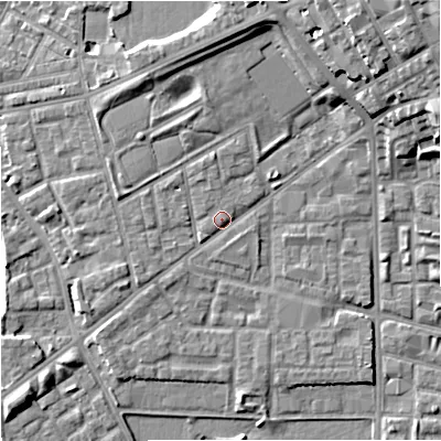 Shaded relief map of the ground around M71LD, computed from Environment Agency LiDAR. The ground here sits at about 29 m above sea level and falls 19 m across the surrounding 800 m. Surface water reaching this point runs off ground lying to the north, 7.0 m higher.