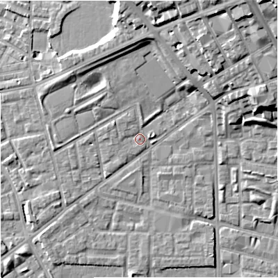 Shaded relief map of the ground around M71LE, computed from Environment Agency LiDAR. The ground here sits at about 29 m above sea level and falls 23 m across the surrounding 800 m. Surface water reaching this point runs off ground lying to the west-north-west, 1.9 m higher.