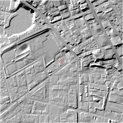 Shaded relief map of the ground around M71LF, computed from Environment Agency LiDAR. The ground here sits at about 29 m above sea level and falls 28 m across the surrounding 800 m. Surface water reaching this point runs off ground lying to the north-north-east, 18.7 m higher.